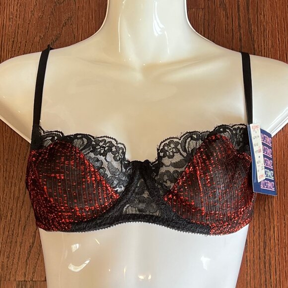 NWT Lily of France Vintage Demi Lace Bra in Hot Red Metallic & Black Lace 36C - Picture 6 of 14